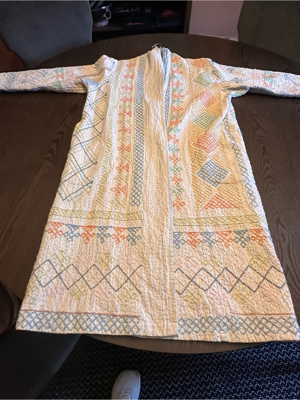 Women's hand stitched jacket/duster with Pastel Embroidery. Art piece.